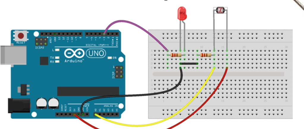 Circuit diagram of reading the light level from a sensor with Arduino.
