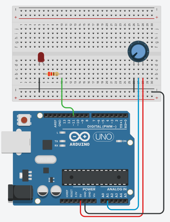 Circuit diagram of using a potentiometer to control the brightness of an LED with Arduino.