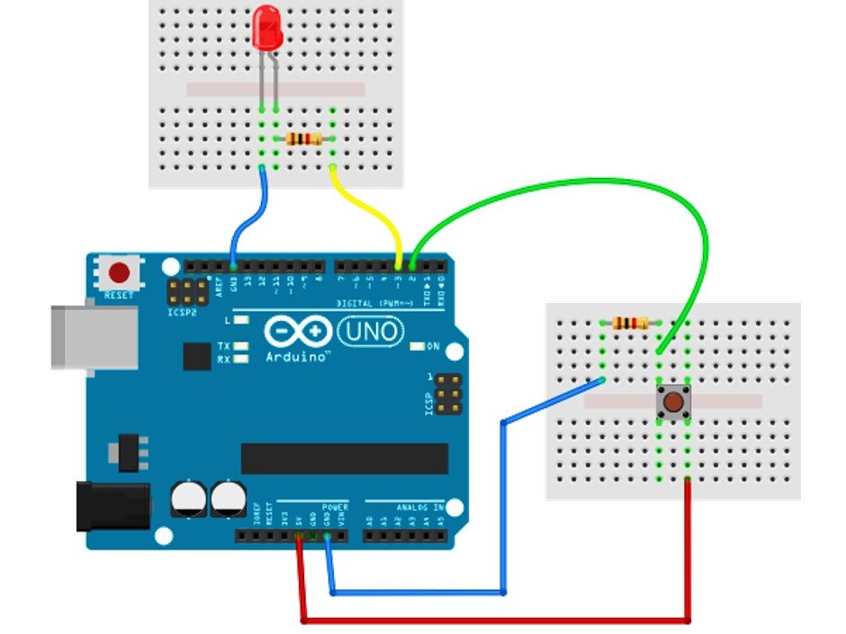 Circuit diagram of read the state of a push button and use it to control an LED with Arduino.