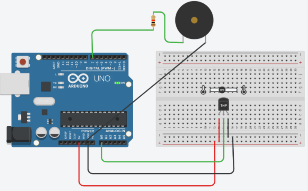 Circuit diagram of reading the temperature from a sensor with Arduino.