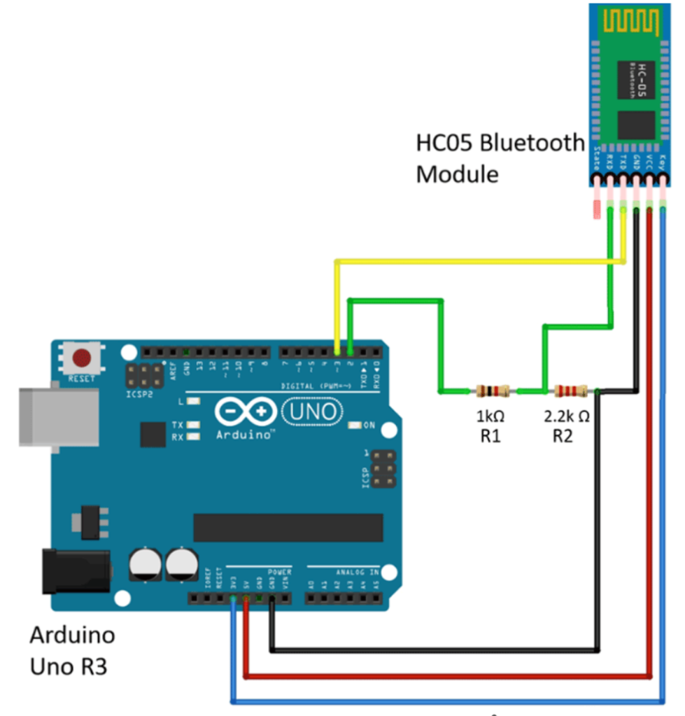 Circuit diagram of using a Bluetooth module with Arduino.