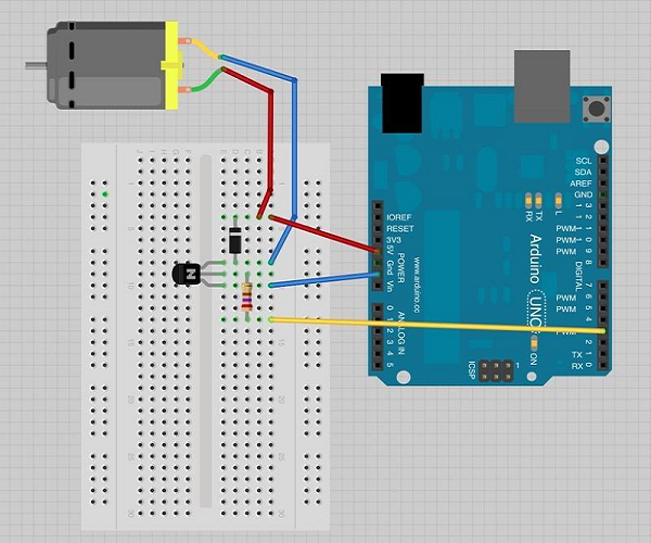 Circuit diagram of controlling a DC motor with Arduino.